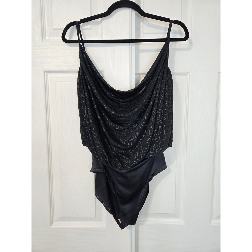 Black Draped Cowl Neck Bodysuit Vintage Tonal Animal Print Evening Top